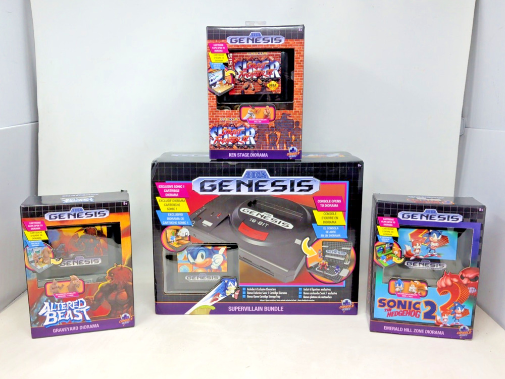 Sega Genesis Display Console - Supervillain Boss Bundle + 3 Cartridges Sonic